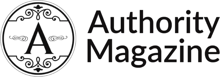 Authority Mazazine logo is black serif capital 'A' inside an ornately decorated black circle. On the right is the name on two lines in a black sans-serif font in title case.