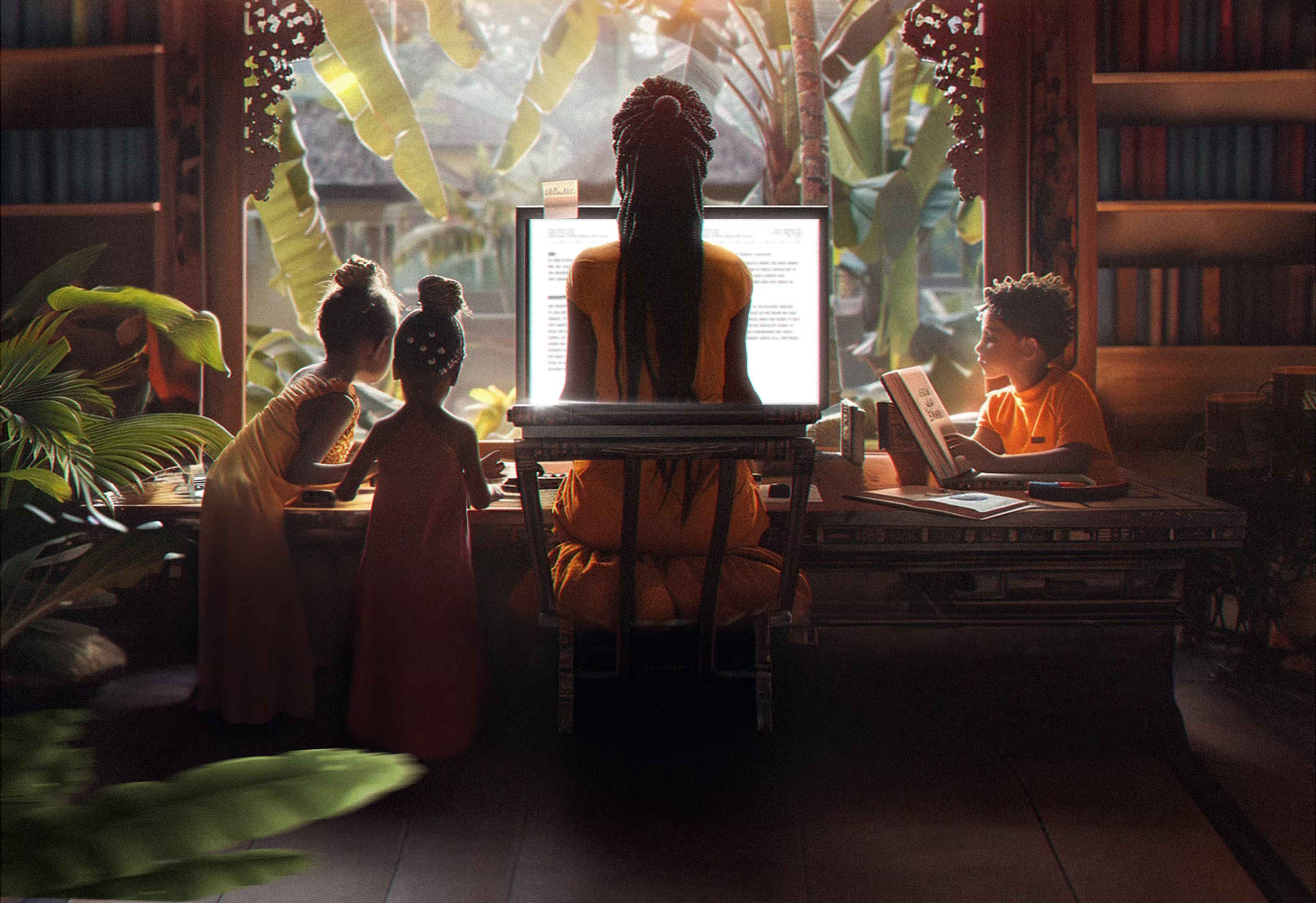 Painting with a vintage feel and subdued colors of an African mother with long braids and three young Blasian children at home in their library at a large desk in front of a large picture window flanked on either side by floor to ceiling bookshelves. The large picture window looks out on lush tropical vegetation and provides backlight to the interior scene. The mother sits prominently at the center of the desk in front of a large computer screen typing her next best seller. On the left of her are her two young daughters with their hair up in buns reading a book and looking out the window. To the right, her young son is reading a large book intently. His profile highlighted by sunlight. In the foreground to the left are tropical palm fronds.
