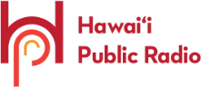 Hawai'i Public Radio logo is a red capital 'H' where the horizontal middle line is represented as an arch which surrounds an orange lower case 'p' which itself encircles a yellow lowercase 'r.' The words 'Hawai'i Public Radio' appear in red to the right of the logo on two lines.