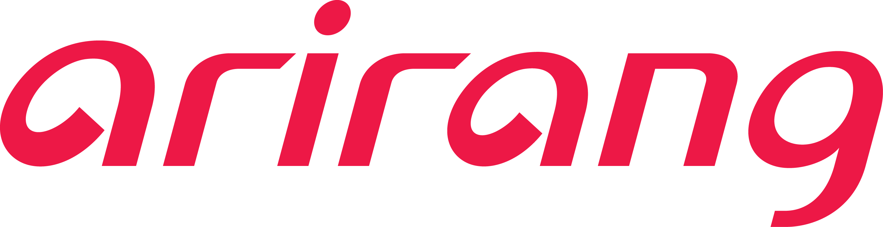 The logo for arirang, an English-language South Korean television network based in Seoul aimed at an overseas audience, operated by the Korea International Broadcasting Foundation and financially supported by the Ministry of Culture, Sports and Tourism is their name 'ariran' in all lowercase italic sans-serif red font.