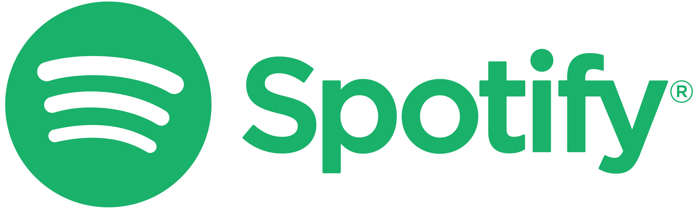 The Spotify logo is a green circle icon with three curved lines stacked at an angle representing broadcast waves next to their name 'Spotify' in a green sans-serif font along with the registered trademark symbol.