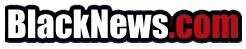 BlackNews.com logo is the full domain name in a narrow sans-serif font with a thick black border making it appear embossed. 'BlackNews' is camelcase and white; '.com' is lowercase in a darker shade of red.