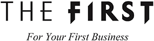 The logo for The First Media, is their name and their tagline all black on a white background. 'THE' is a thin tall sans-serif font all caps where the middle horizontal stroke crosses the vertical stroke. 'FIRST' is an angular bold sans-serif font all caps where the vertical strokes of the 'F' and the 'T' descend below the baseline and end in a sharp point on the lower left as if it were cut in a slash. Similarly the top part of the 'I' ends in a sharp point on the top right as if it too were slashed off. The middle horizontal stroke of the 'F' also crosses the vertical stroke evoking a lowercase 'f' sans curved top. The bottom right diagonal stroke of the 'R' extends wider than the character width. The tagline 'For Your First Business' is italic and a serif font in title case.